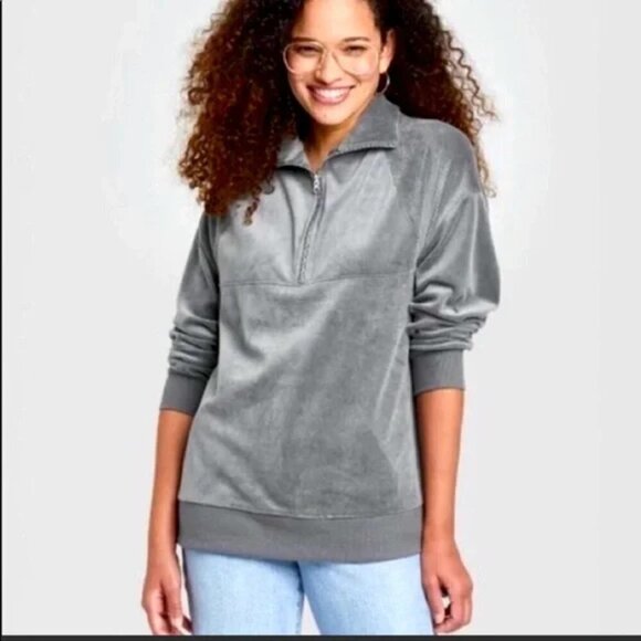 Wild Fable Velour Pullover Womens Quarter Zip Tunic Sweatshirt Gray - Picture 1 of 8